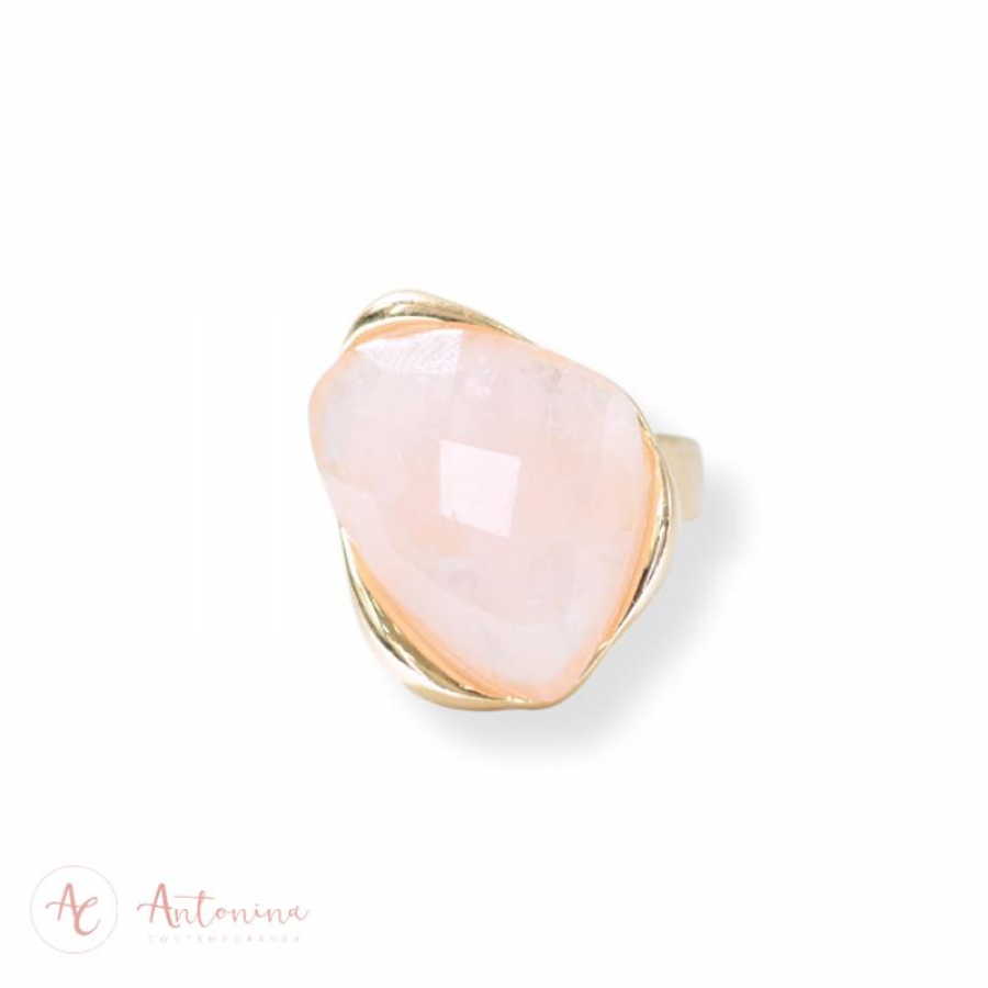 Anel Orgânico Facetado Quartzo Rosa Banhado Em Ouro 18k