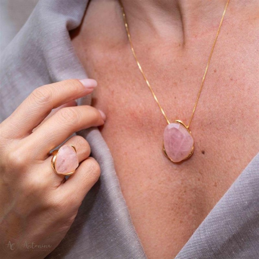 Anel Orgânico Facetado Quartzo Rosa Banhado Em Ouro 18k
