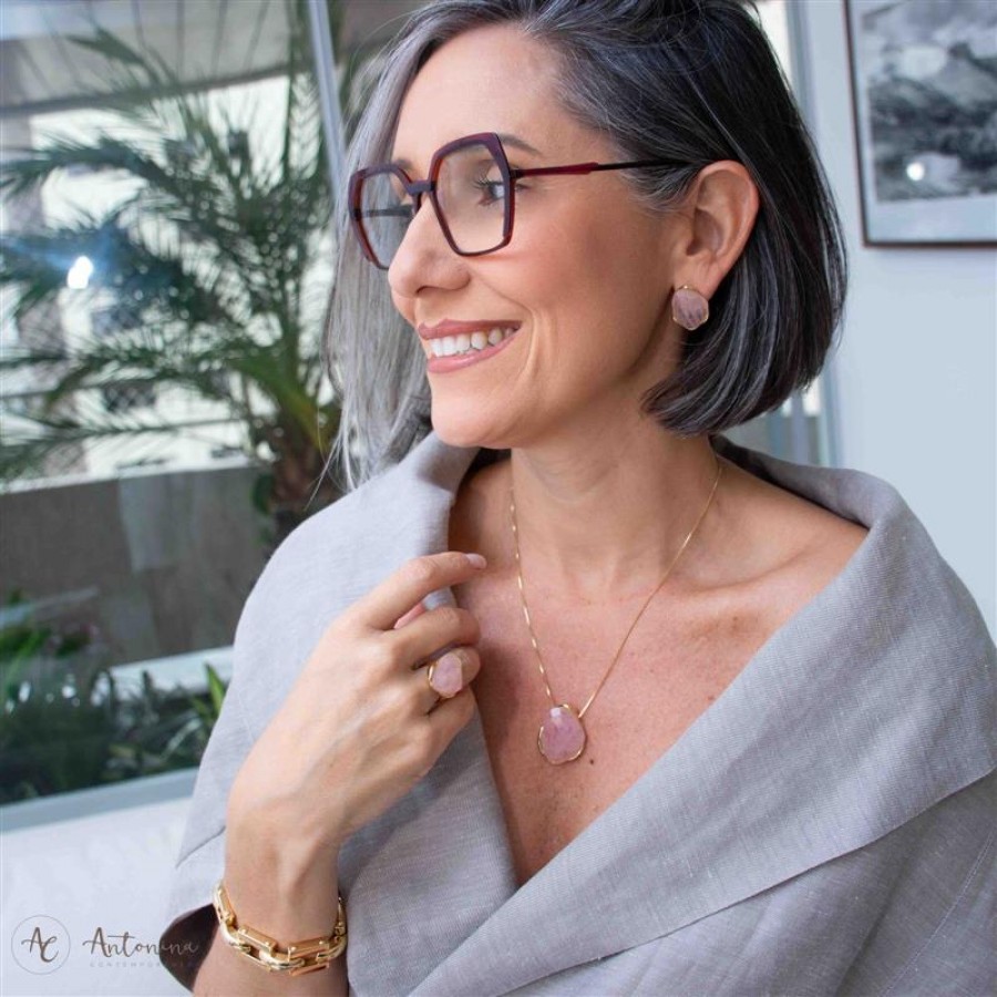 Anel Orgânico Facetado Quartzo Rosa Banhado Em Ouro 18k