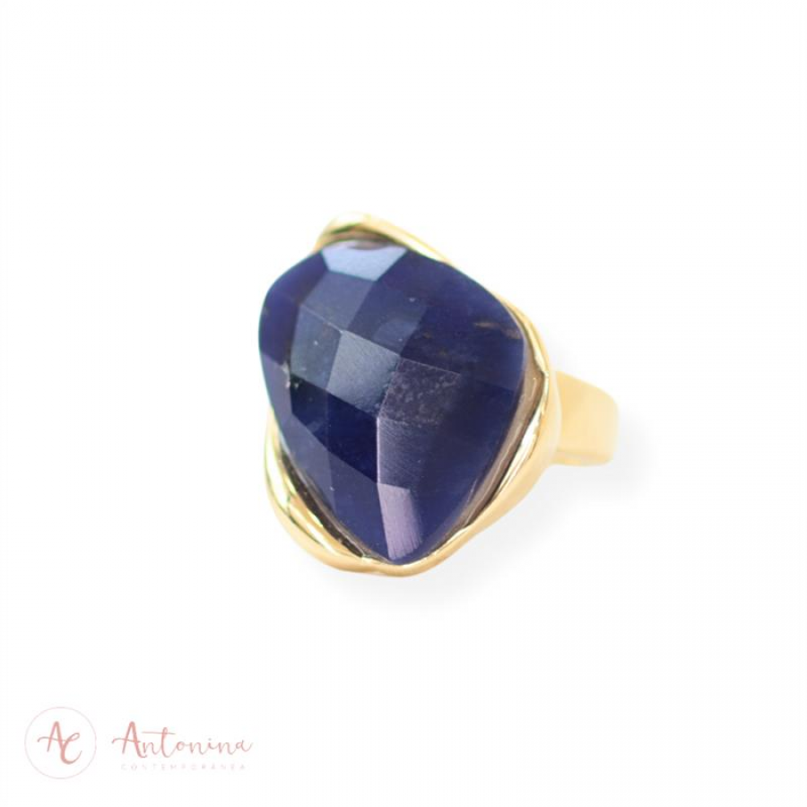 Anel Orgânico Facetado Sodalita Banhado Em Ouro 18k