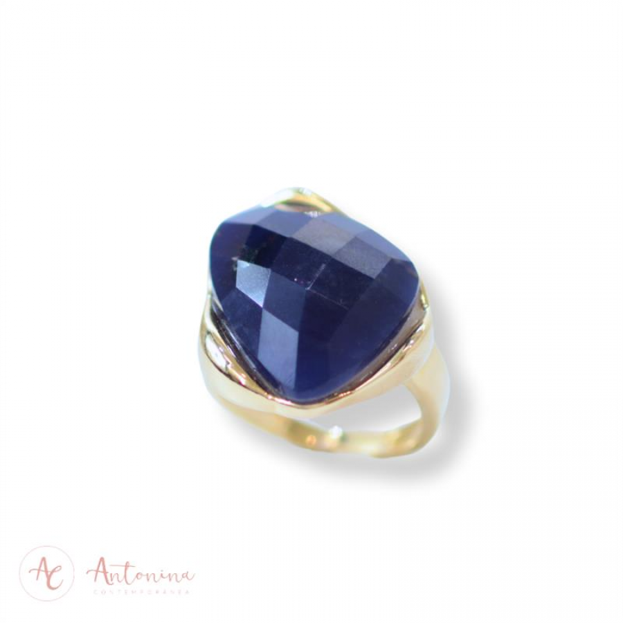 Anel Orgânico Facetado Sodalita Banhado Em Ouro 18k