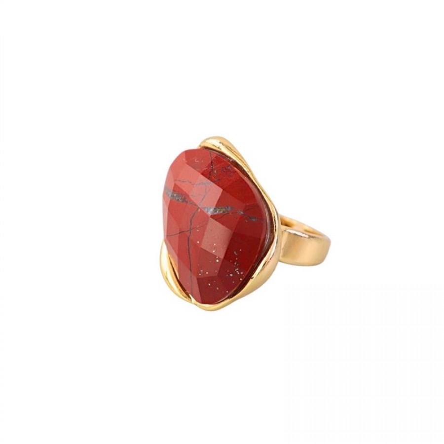 Anel Orgânico Facetado Jaspe Terracota Banhado Em Ouro 18k