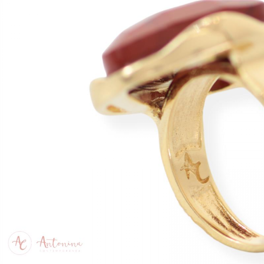 Anel Orgânico Facetado Jaspe Terracota Banhado Em Ouro 18k