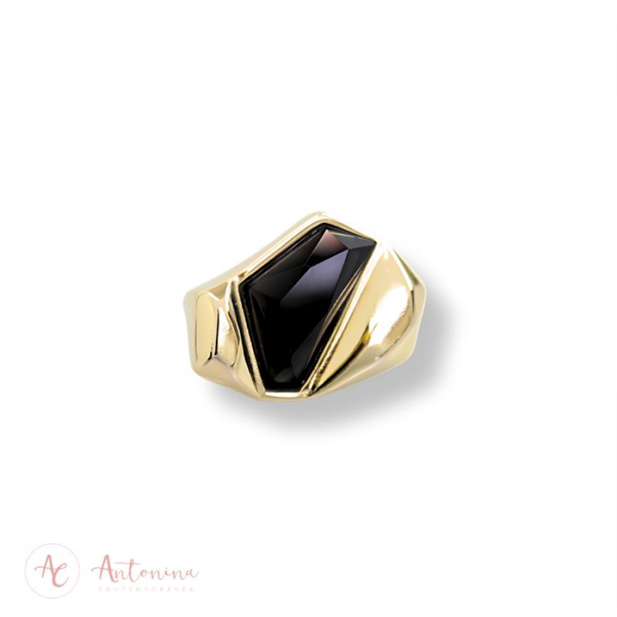 Anel Facetado Lapidado Ônix  Banhado Em Ouro 18k