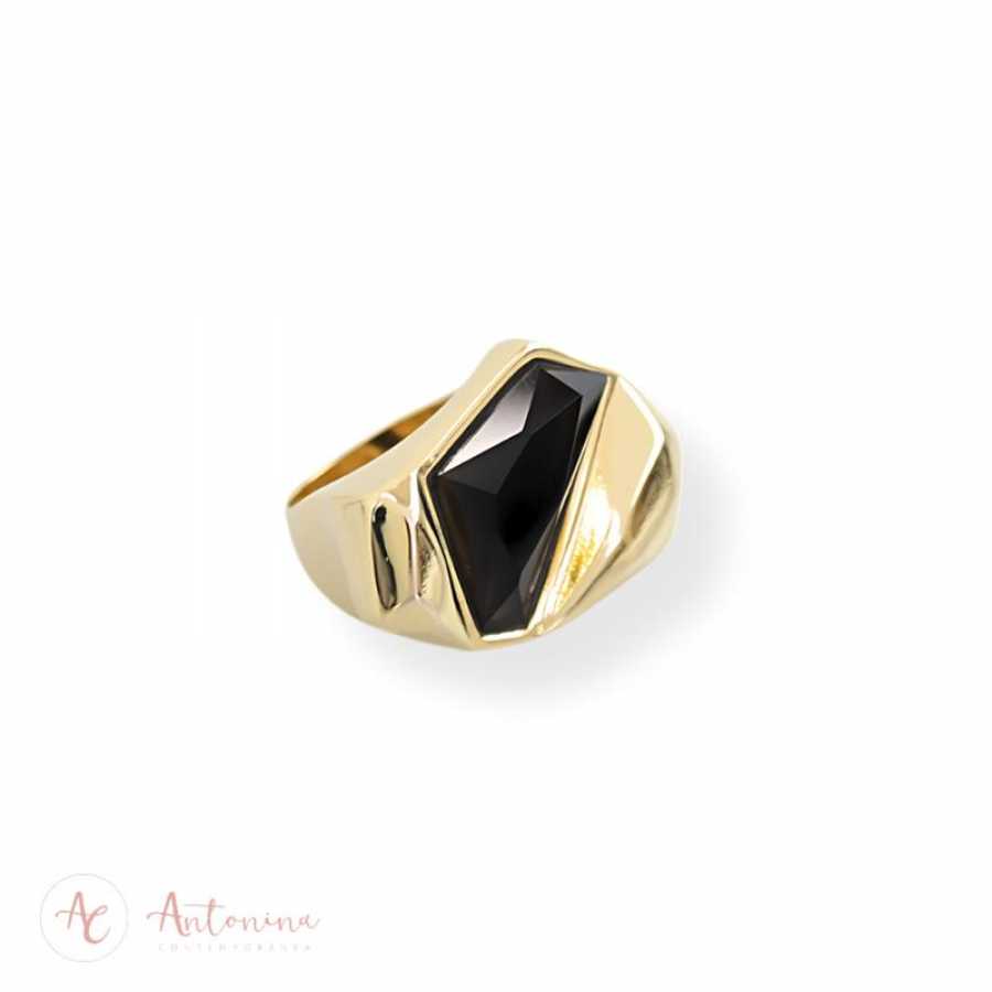 Anel Facetado Lapidado Ônix  Banhado Em Ouro 18k