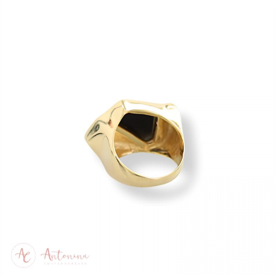 Anel Facetado Lapidado Ônix  Banhado Em Ouro 18k