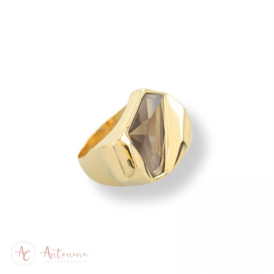 Anel Facetado Lapidado Fumê Banhado Em Ouro 18k
