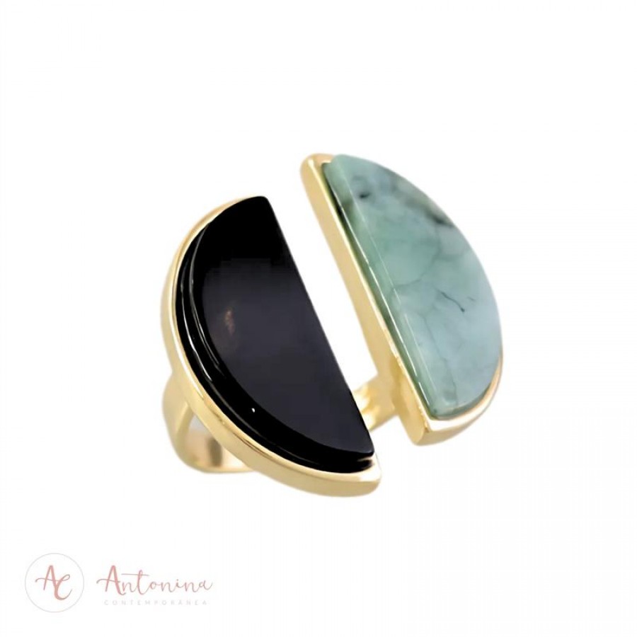 Anel Meia Lua Pedra Natural Esmeralda Biriba E Onix Banhado Em Ouro 18k