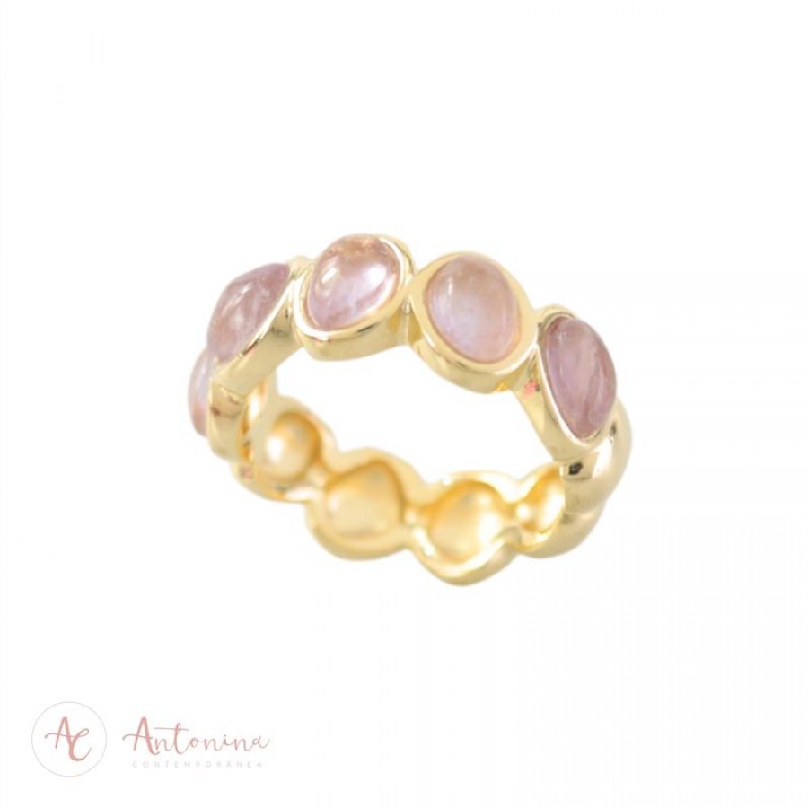 Anel Gaia 5 Pedras Ametista Banhado Em Ouro 18k