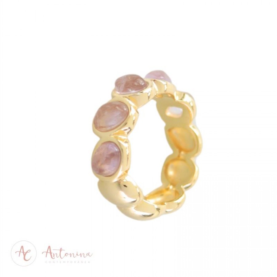 Anel Gaia 5 Pedras Ametista Banhado Em Ouro 18k
