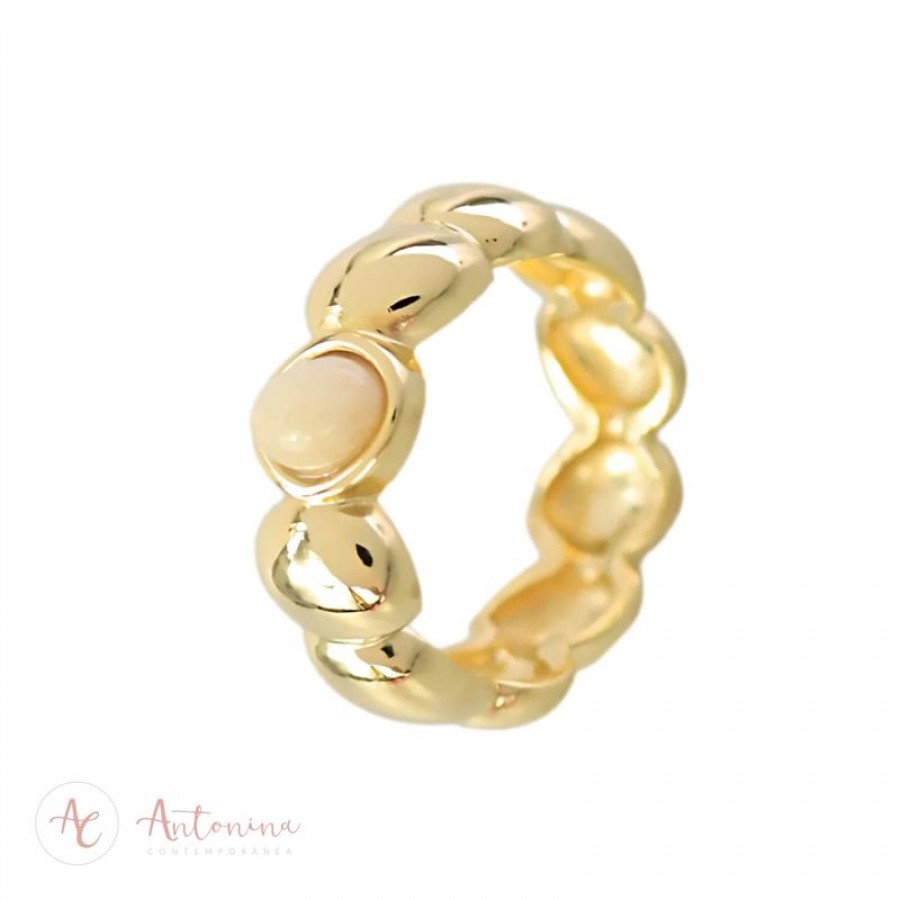 Anel Gaia 1 Pedra Amazonita Bege Banhado Em Ouro 18k