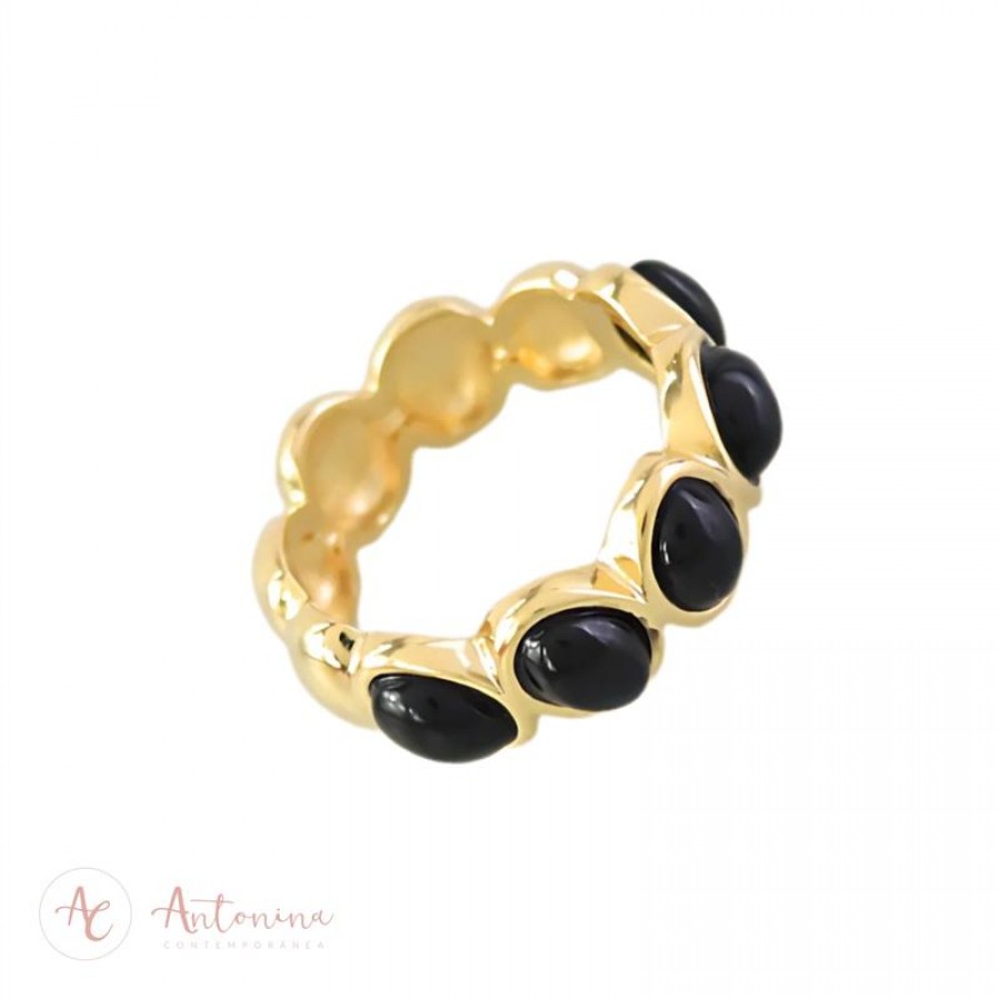 Anel Gaia 5 Pedras Onix Banhado Em Ouro 18k