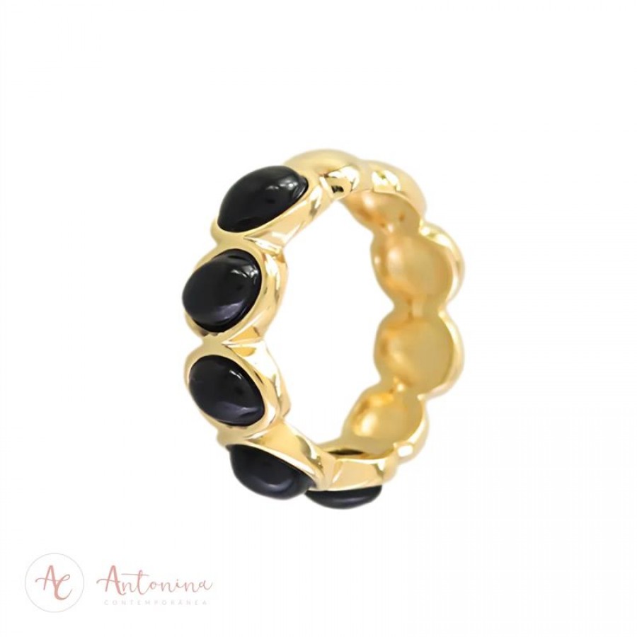 Anel Gaia 5 Pedras Onix Banhado Em Ouro 18k