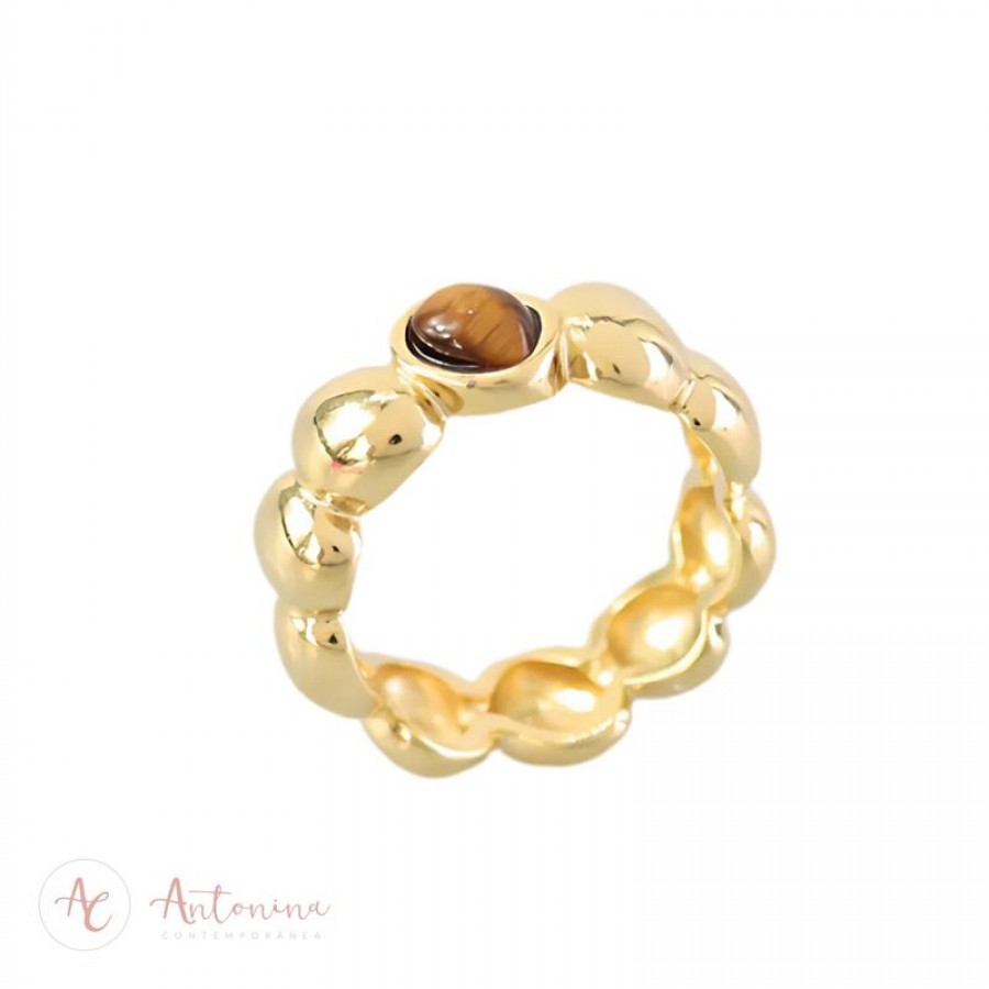 Anel Gaia 1 Pedra Olho De Tigre Banhado Em Ouro 18k