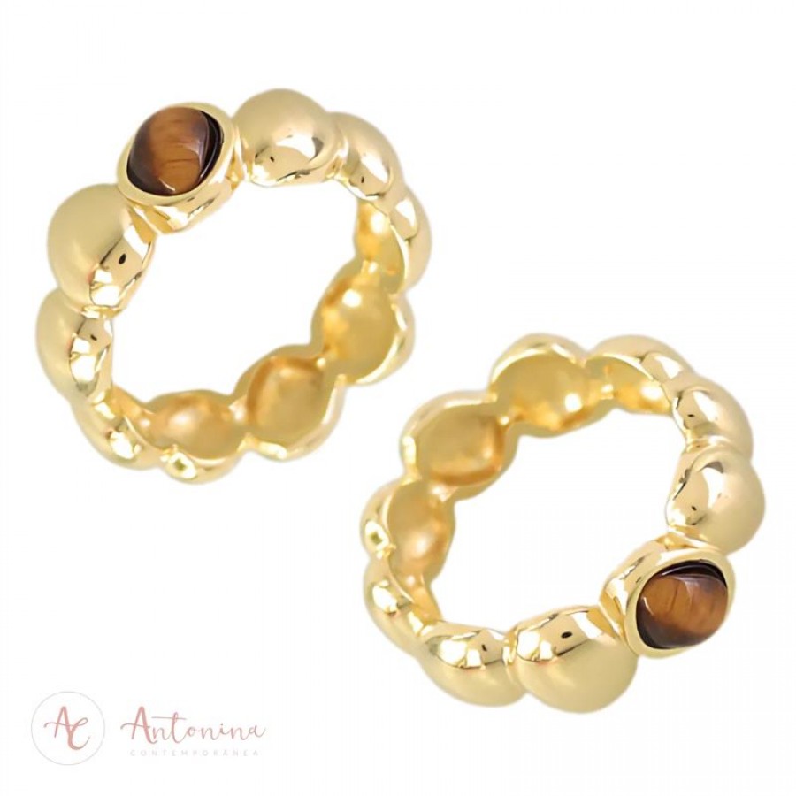 Anel Gaia 1 Pedra Olho De Tigre Banhado Em Ouro 18k
