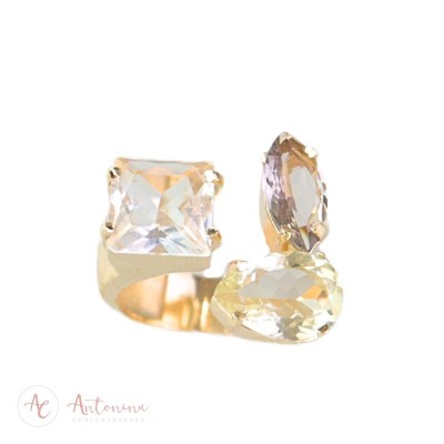 Anel Bianca Citrino, Fumê E Cristal Translúcido Banhado Em Ouro 18k