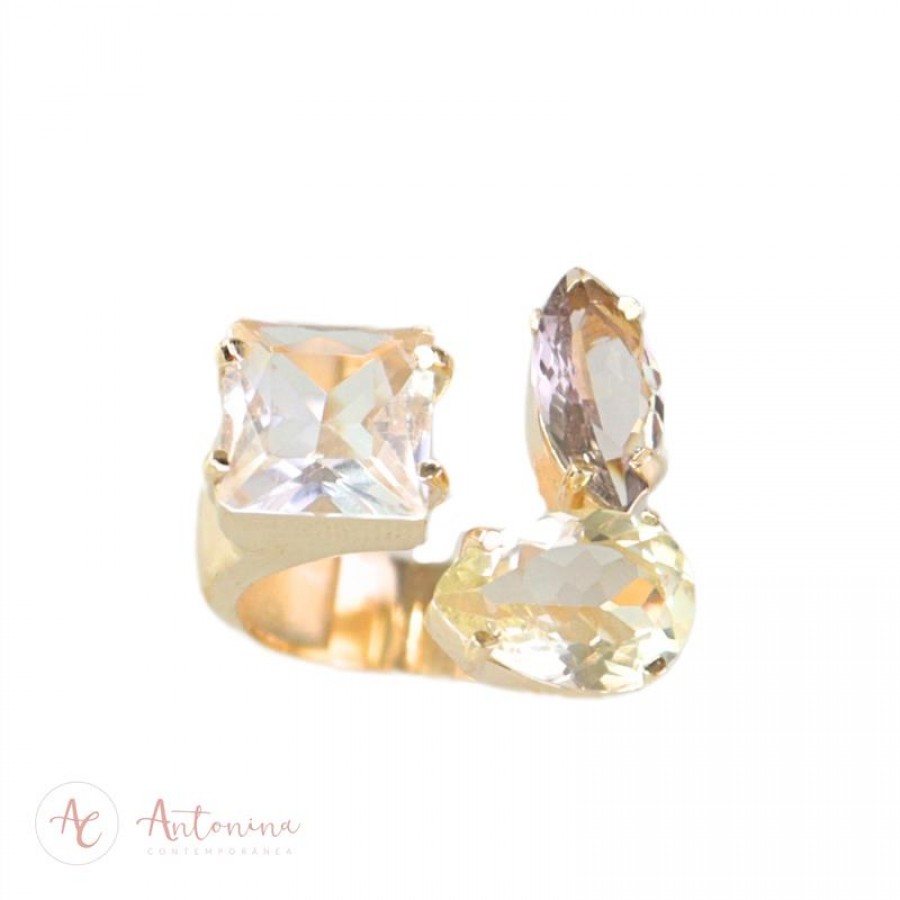Anel Bianca Citrino, Fumê E Cristal Translúcido Banhado Em Ouro 18k