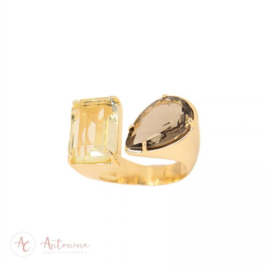 Anel Gota E Retangulo Cristal Fume E Citrino Banhado Em Ouro 18k