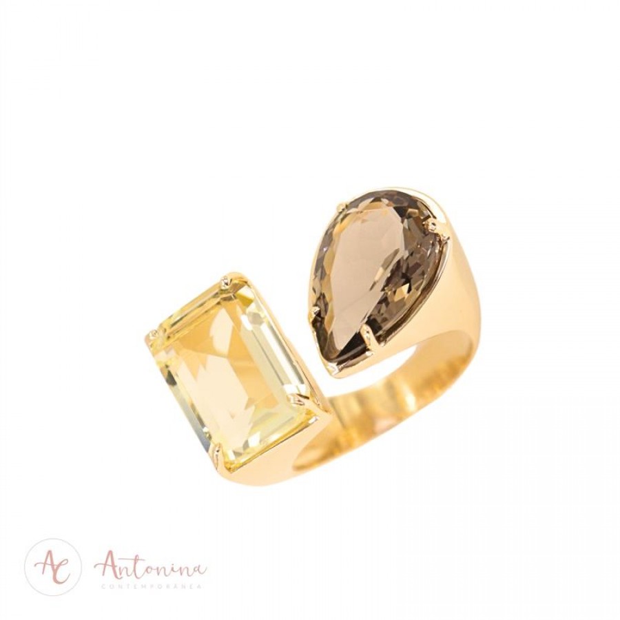 Anel Gota E Retangulo Cristal Fume E Citrino Banhado Em Ouro 18k