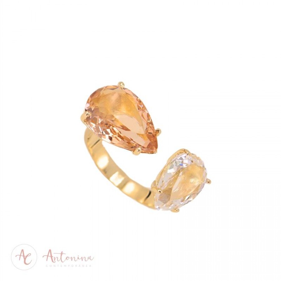 Anel Duo Gotas Cristal E Morganita Banhado Em Ouro 18k