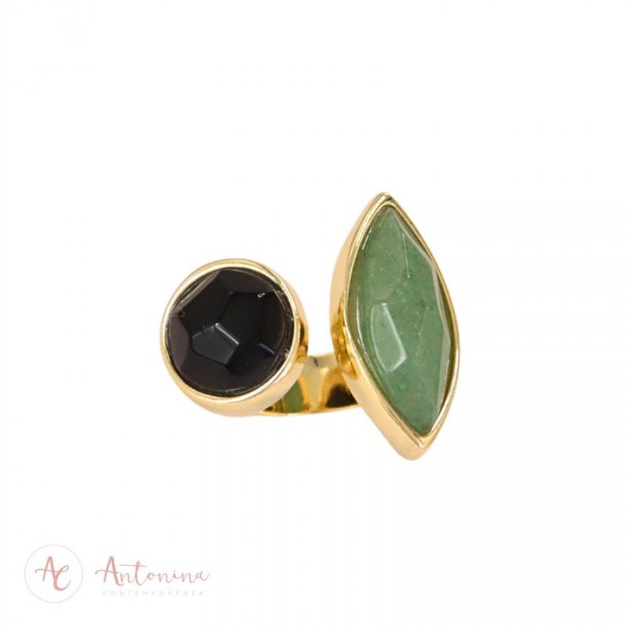 Anel Navete Quartzo Verde E  Ônix Banhado Em Ouro 18k