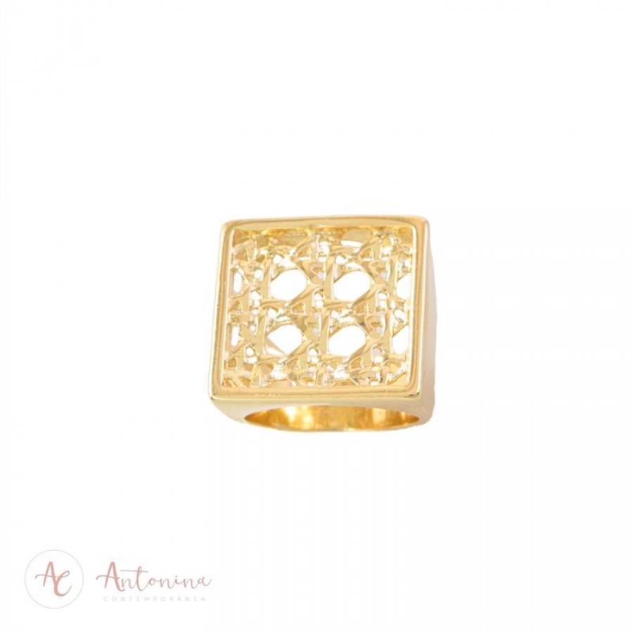 Anel Dedinho Quadrado Rattan Banhado Em Ouro 18k 
