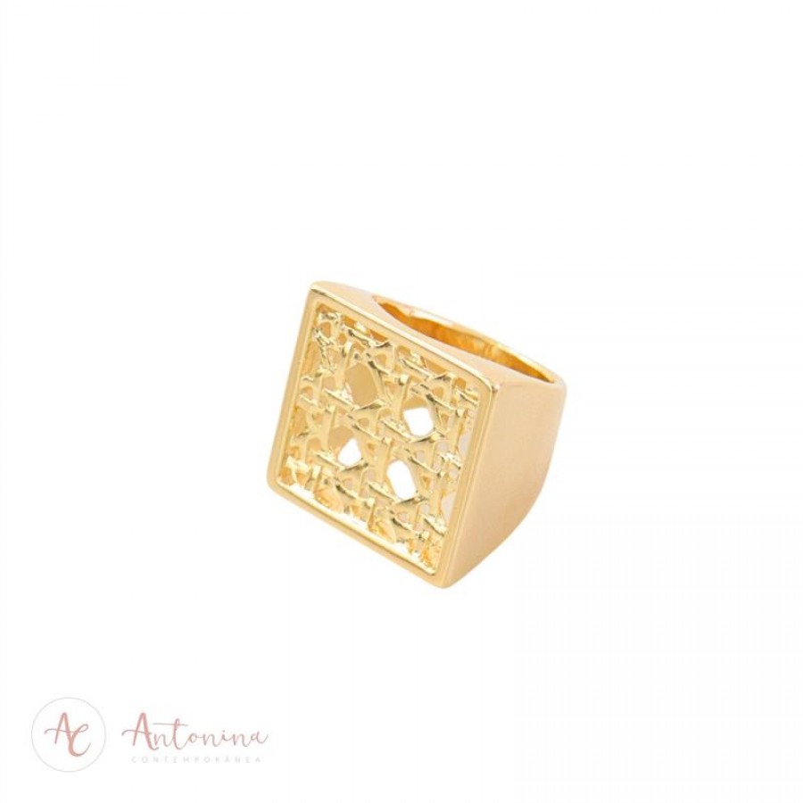 Anel Dedinho Quadrado Rattan Banhado Em Ouro 18k 