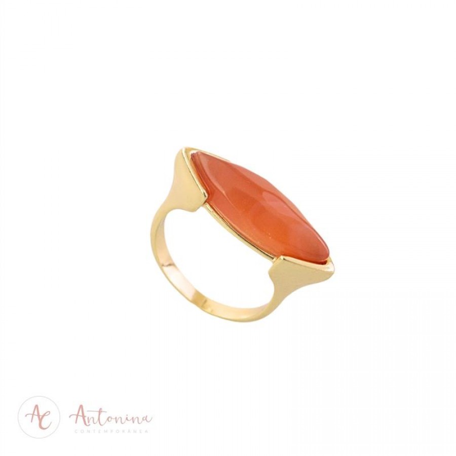 Anel Navete Ágata Laranja Banhado Em Ouro 18k