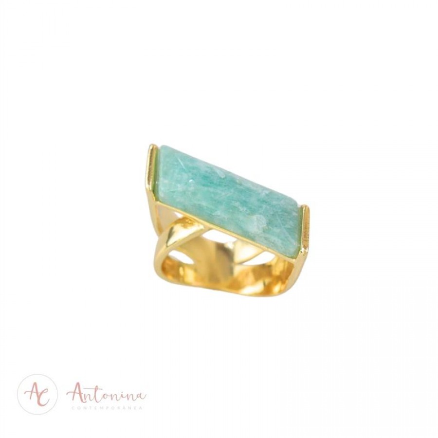 Anel Amazonita Verde X  Banhado Em Ouro 18k