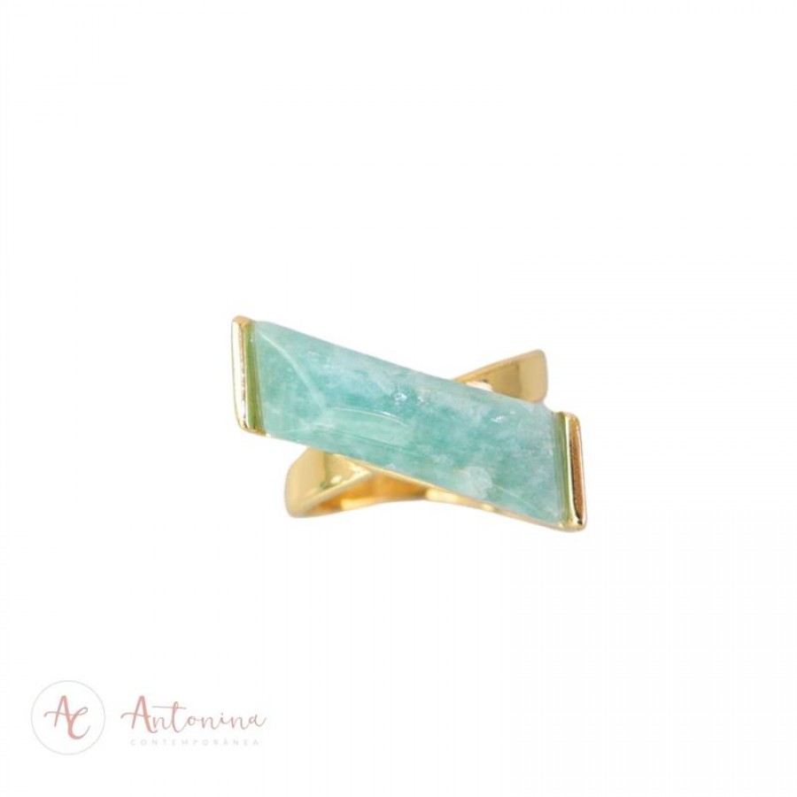 Anel Amazonita Verde X  Banhado Em Ouro 18k