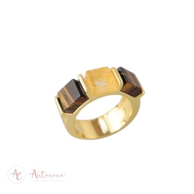 Anel 3 Pedras Olho De Tigre/Citrino Banhado Em Ouro 18k