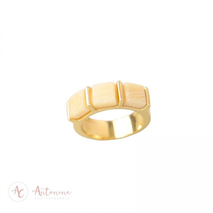 Anel 3 Pedras Amazonita Bege Banhado Em Ouro 18k