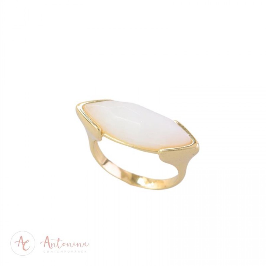 Anel Navete Quartzo Branco Banhado Em Ouro 18k