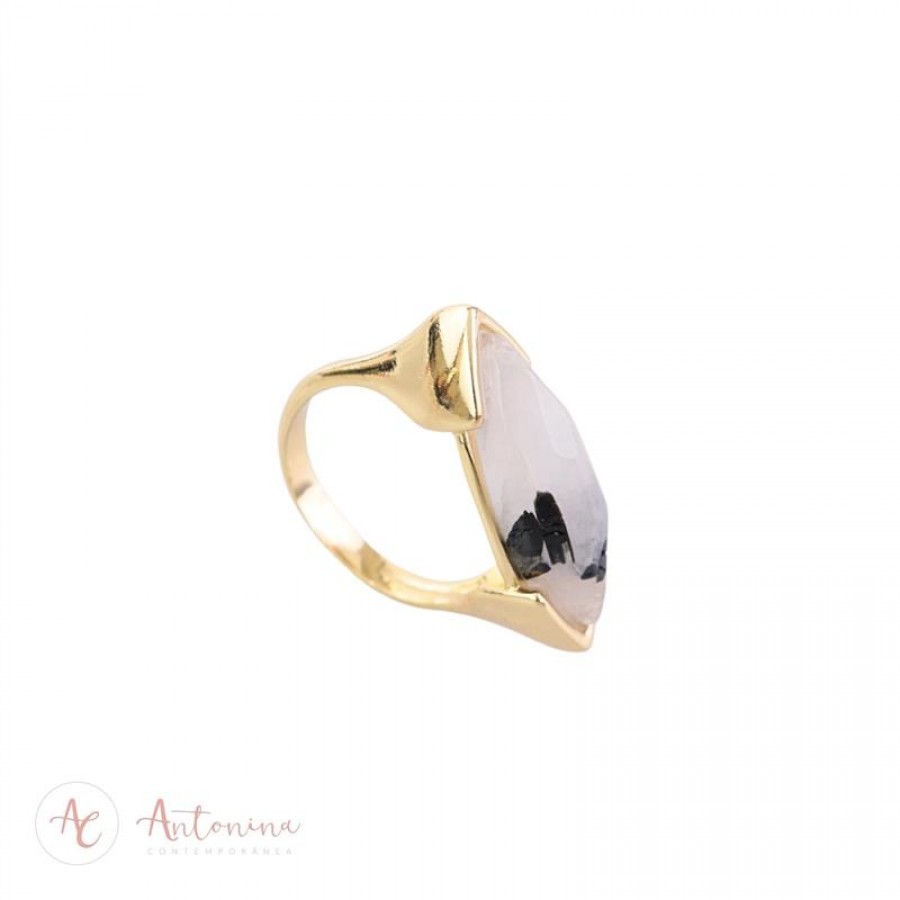 Anel Navete Rutilo Grafitado Banhado Em Ouro 18k