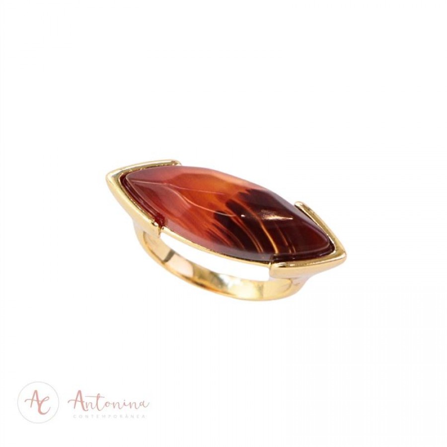 Anel Navete Ágata Fogo Banhado Em Ouro 18k