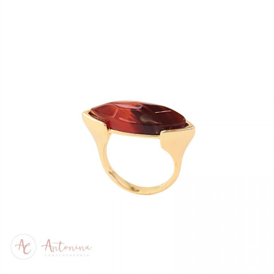 Anel Navete Ágata Fogo Banhado Em Ouro 18k