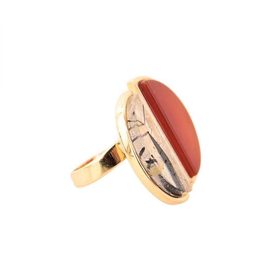 Anel Meia Lua Pedra Natural Ágata Laranja Com Rutilo Grafitado Banhado Em Ouro 18k
