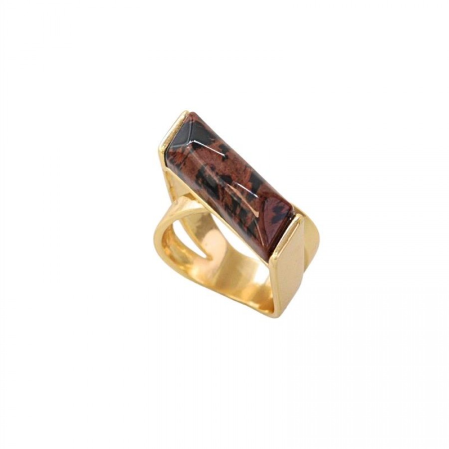 Anel Obsidiana Café X Banhado Em Ouro 18k