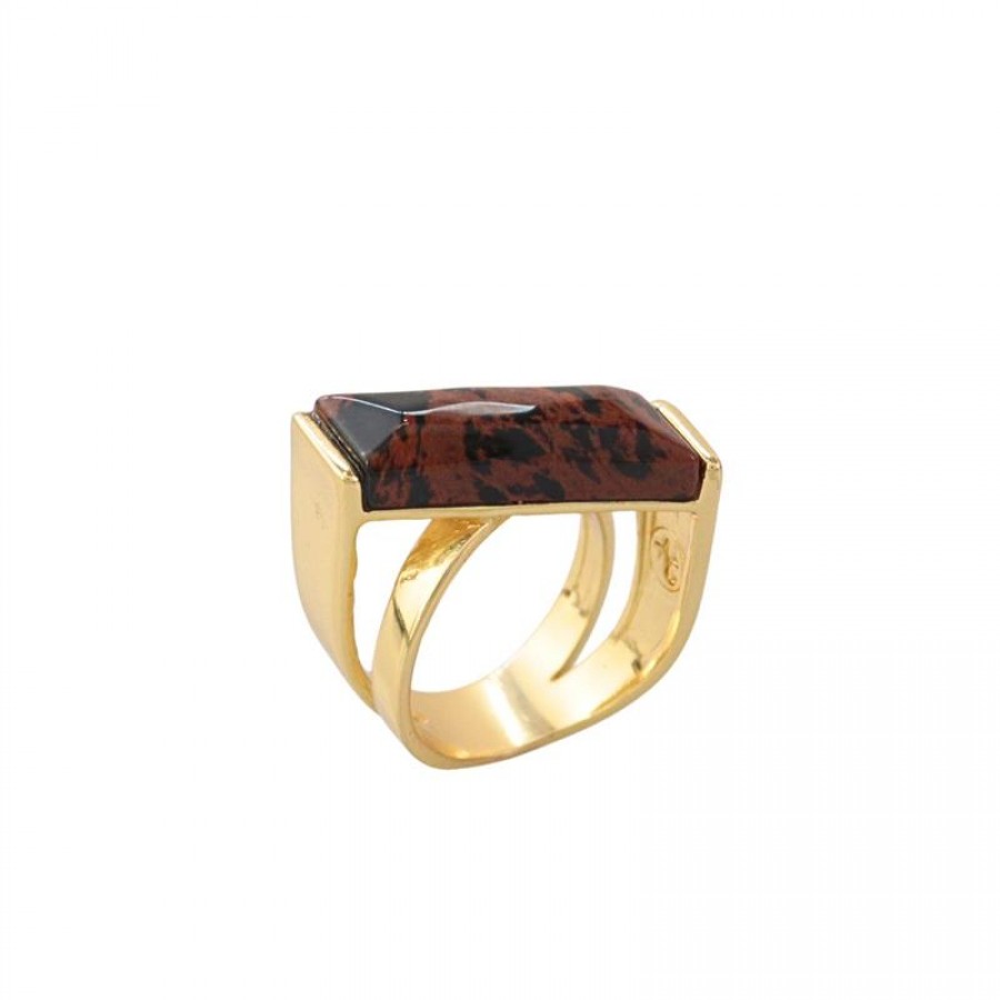 Anel Obsidiana Café X Banhado Em Ouro 18k