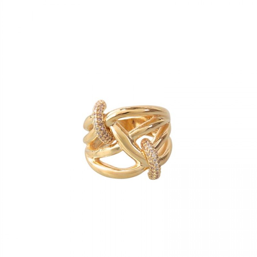 Anel Orbitral Cravejado Banhado Em Ouro 18k