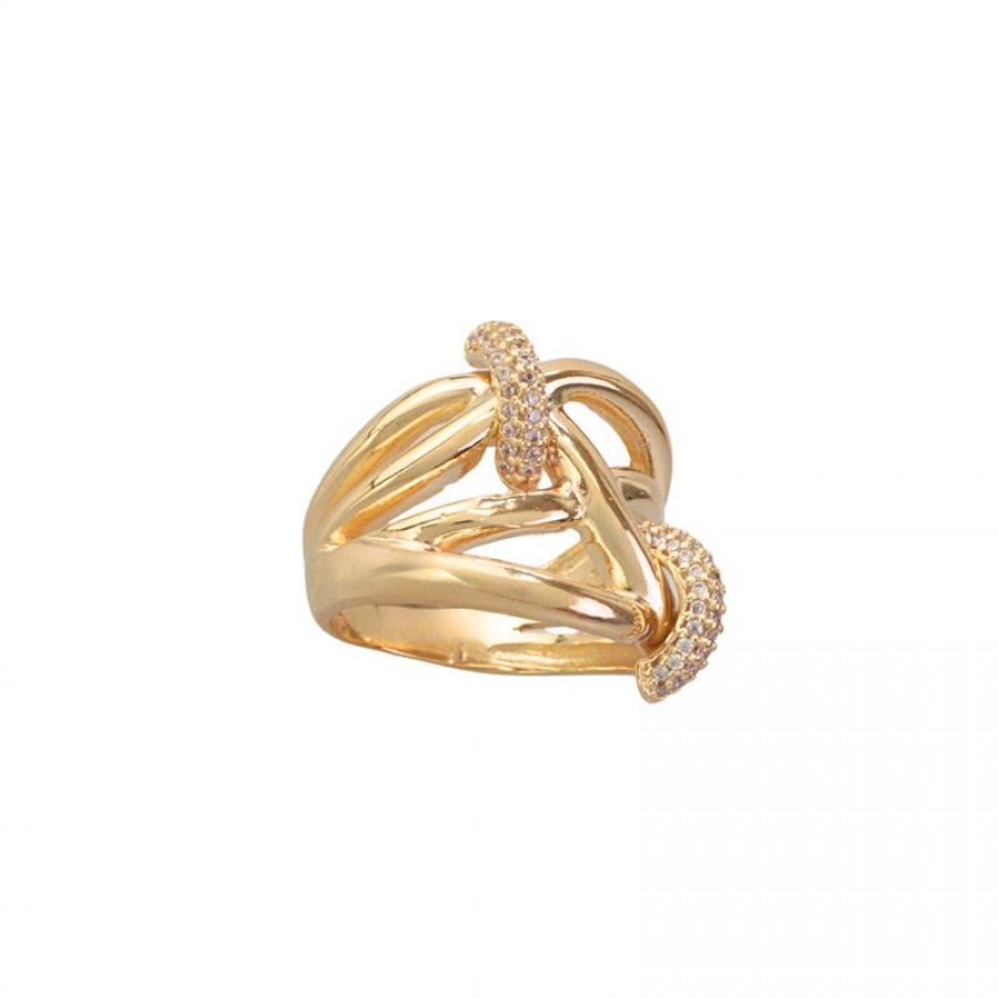Anel Orbitral Cravejado Banhado Em Ouro 18k