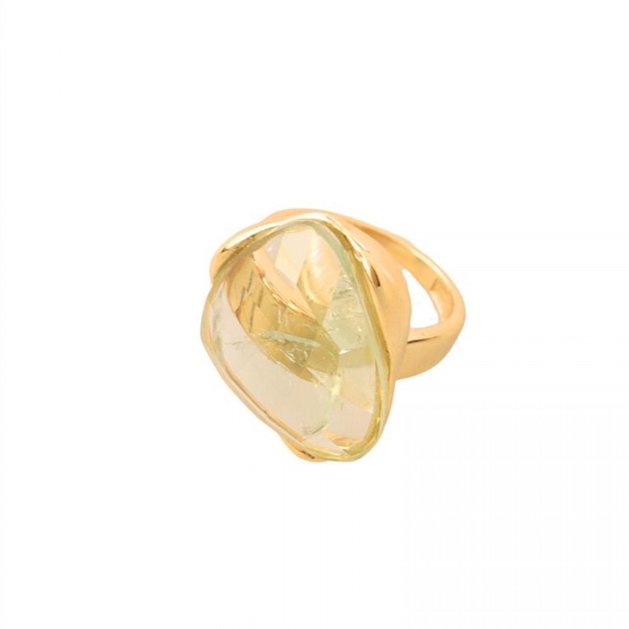 Anel Orgânico Facetado Pedra Prasiolita Banhado Em Ouro 18k