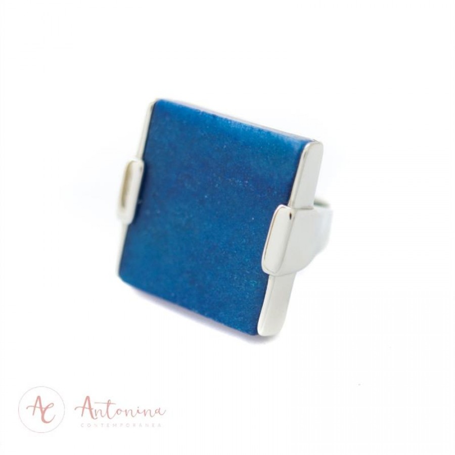 Anel Quadrado Pedras Naturais Feldspato Azul Banhado Em Ródio