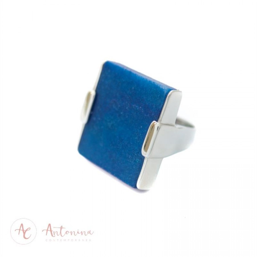 Anel Quadrado Pedras Naturais Feldspato Azul Banhado Em Ródio