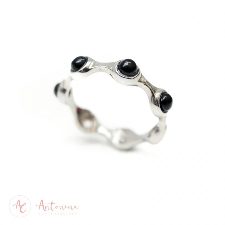 Anel Quatro Pedras Obsidiana Negra Banhado Em Ródio