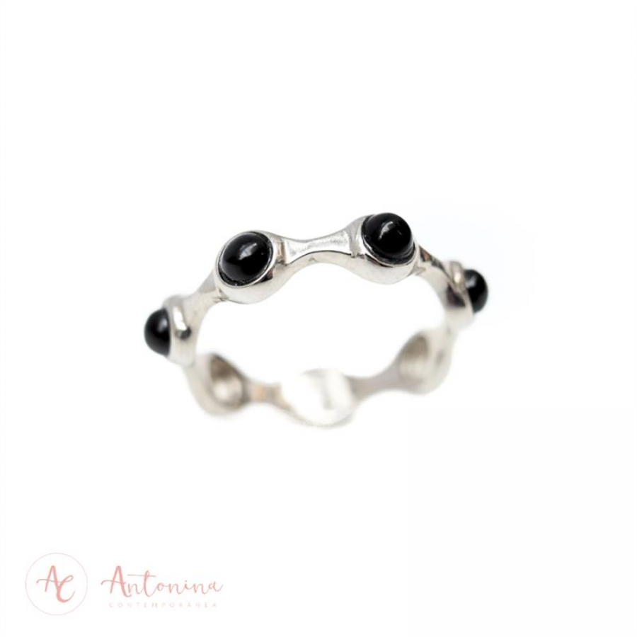 Anel Quatro Pedras Obsidiana Negra Banhado Em Ródio