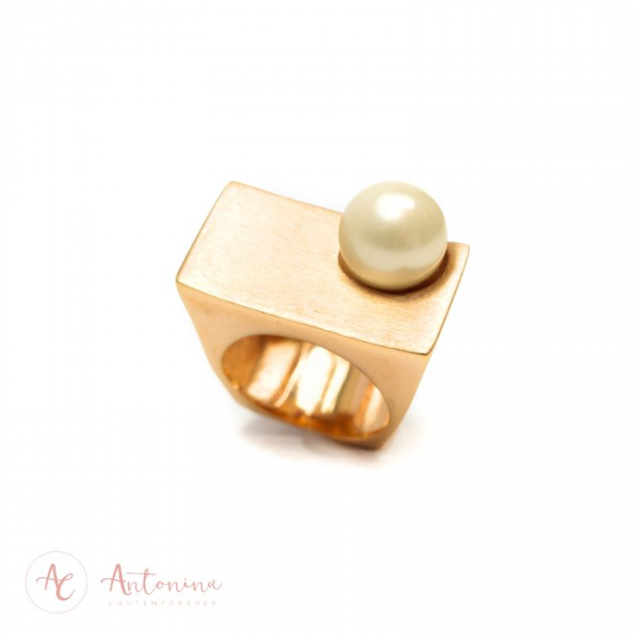 Anel Pérola Lateral Banhado Em Ouro 18k