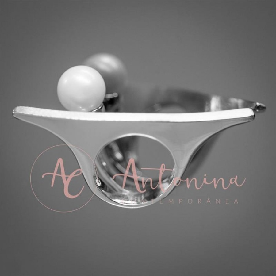 Anel Pérola Flutuante Banhado Em Ródio