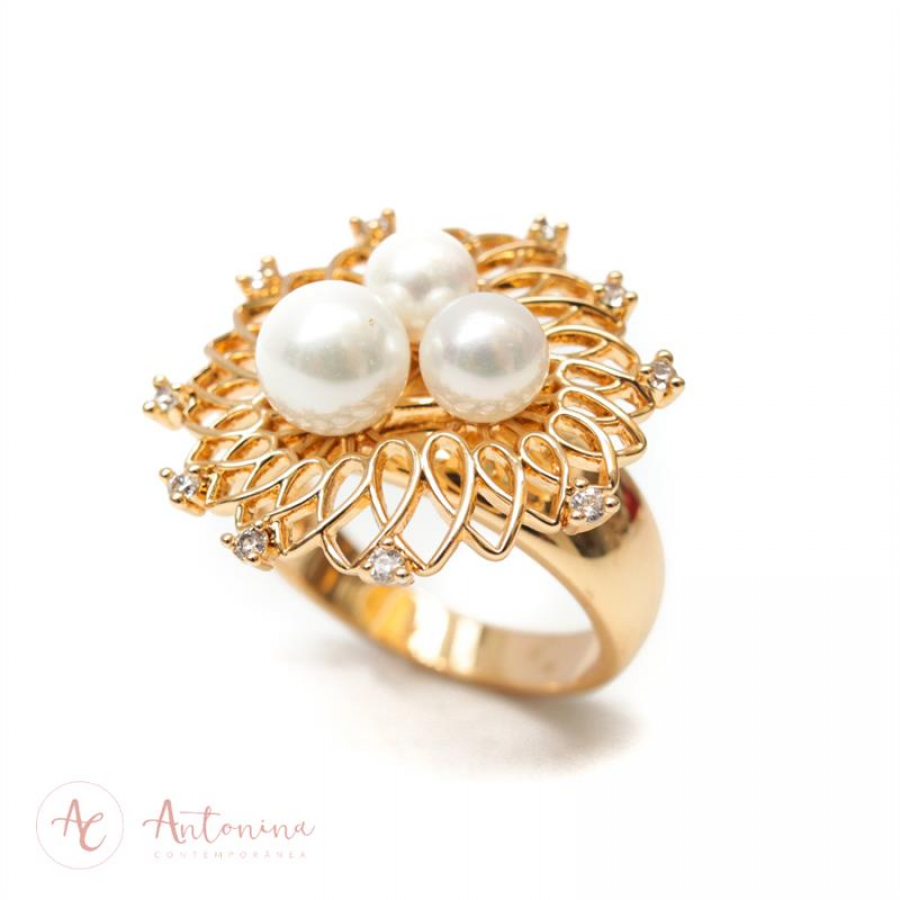 Anel Pérola Flor Banhado Em Ouro 18k