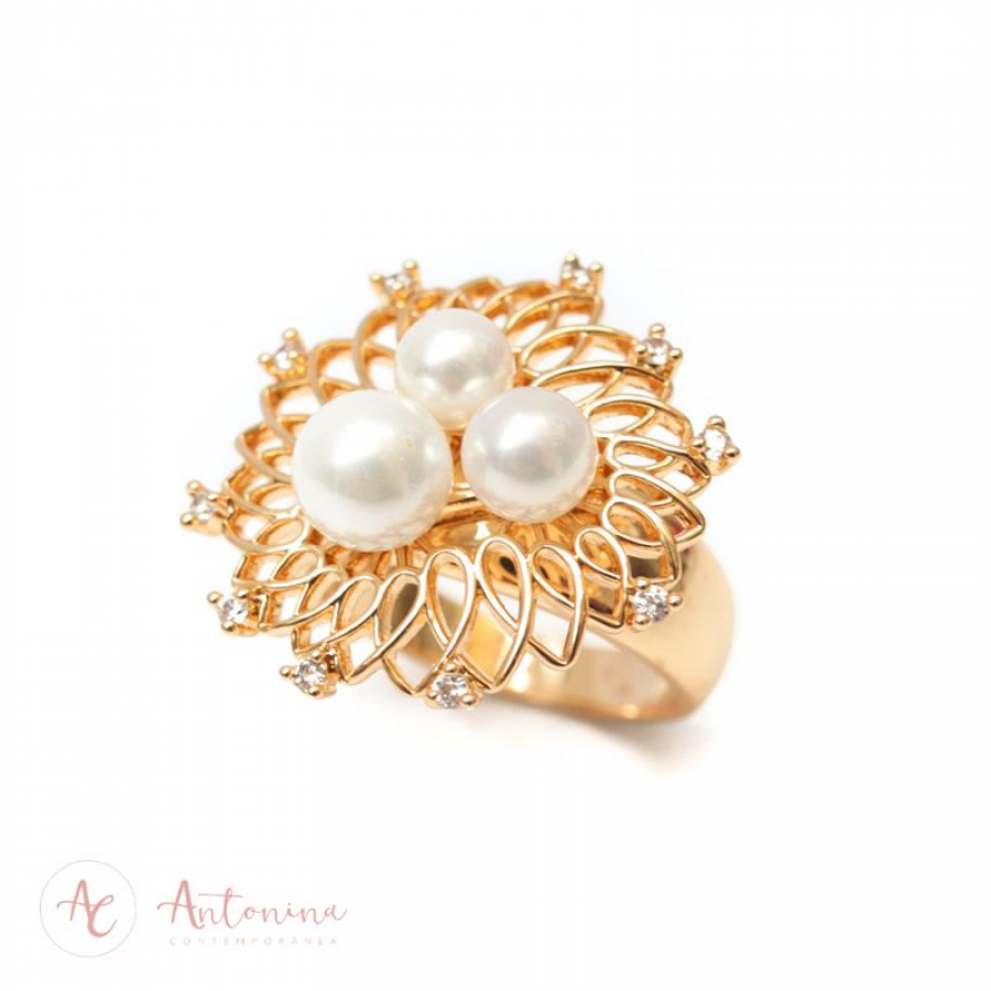 Anel Pérola Flor Banhado Em Ouro 18k